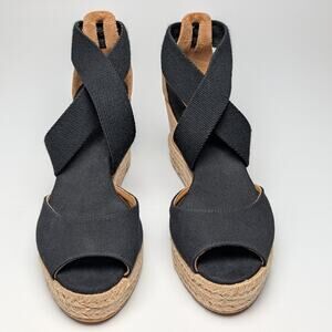 Tory Burch Natalya Peep-Toe Cork Espadrille Wedge Sandal Size 7 Black